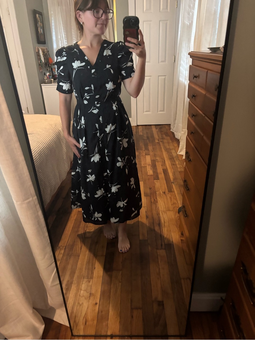 DKNY Black Cotton Midi Dress with Floral Print - Women